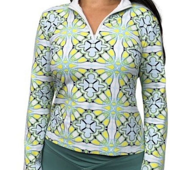 J. McLaughlin Tops - J McLaughlin Women's Bedford Yellow Green Blue Geometric Print 1/4 Zip Top Sz M